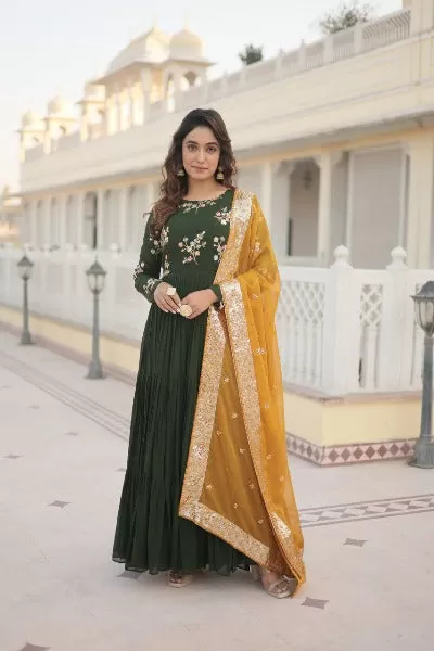 Bottle Green Georgette Embroidered Anarkali Gown With Dupatta Set 0f 2