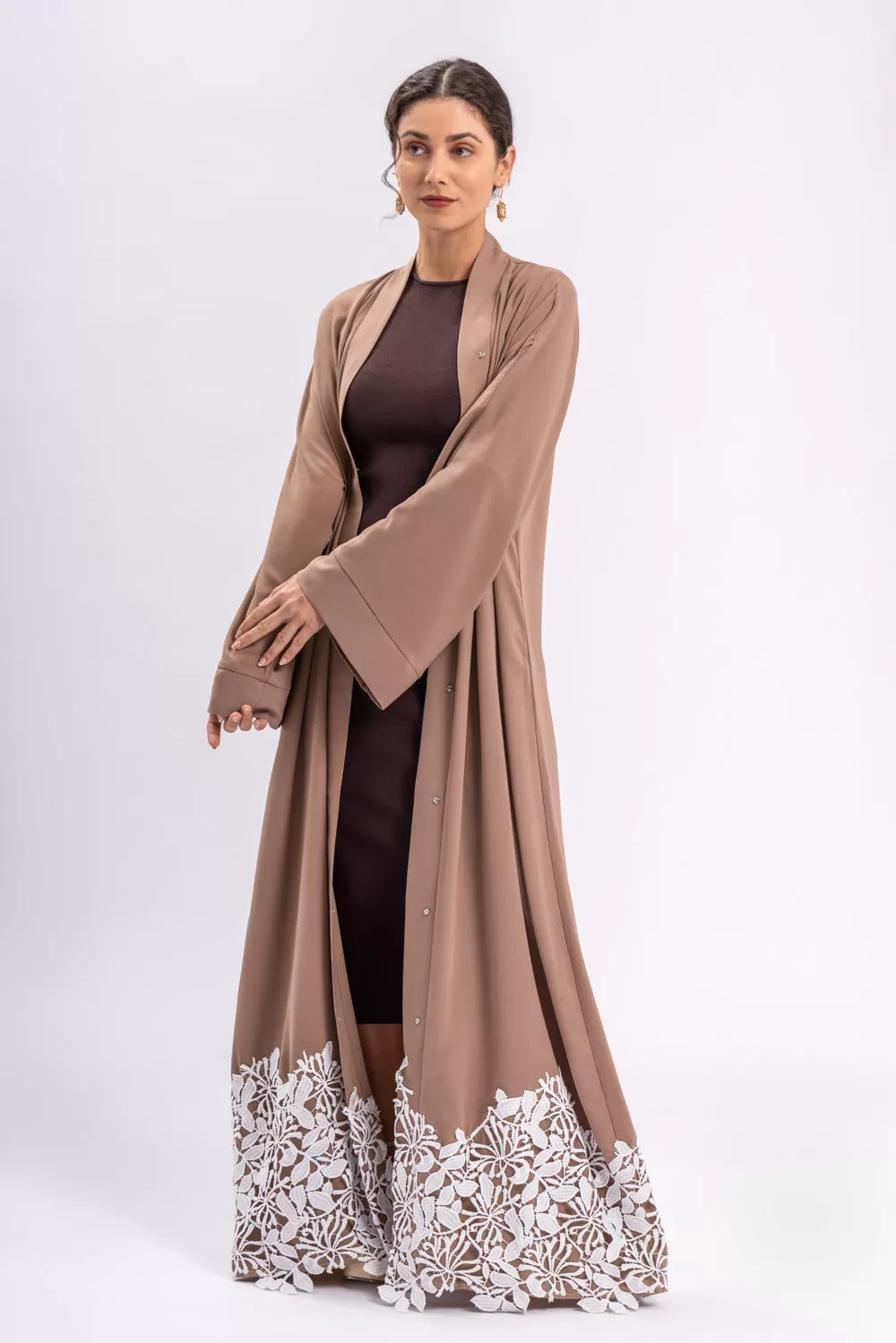 Brown Lace Open Abaya