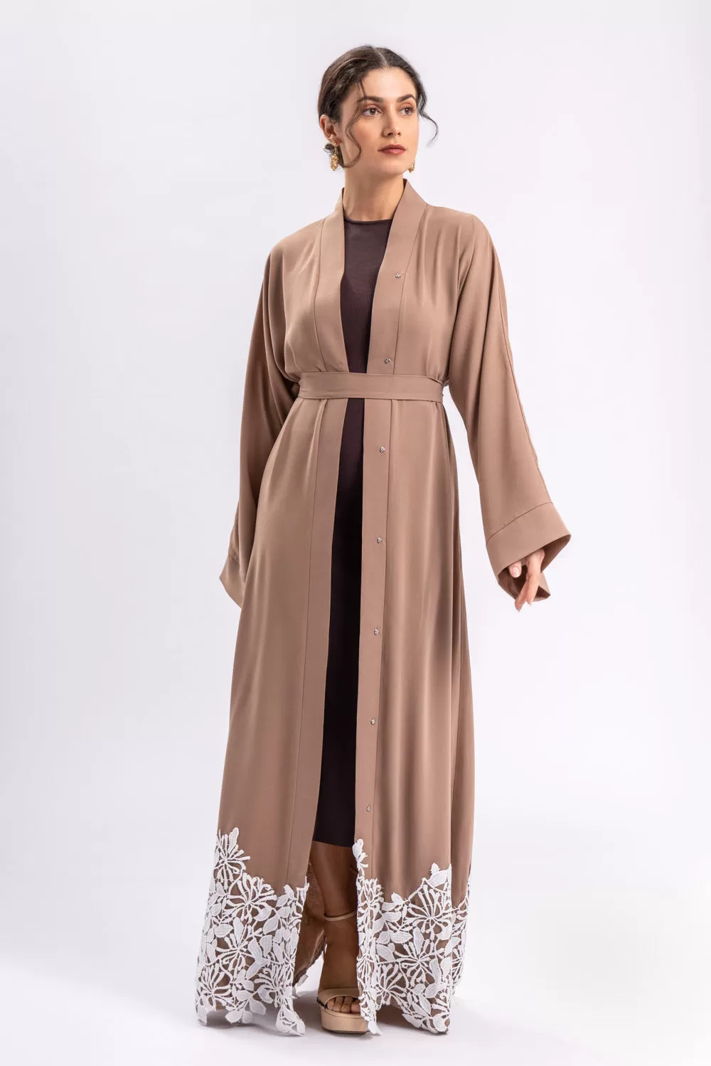 Brown Lace Open Abaya