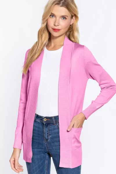 Bublegum Ribbed Trim Open Front Cardigan (Online Exclusive)