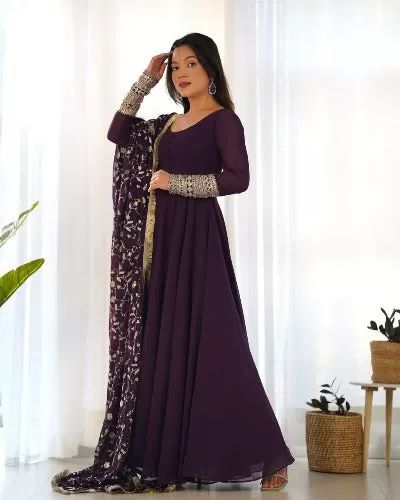 Burgandy Georgette Anarkali Kurti Dupatta Set