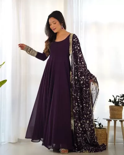 Burgandy Georgette Anarkali Kurti Dupatta Set