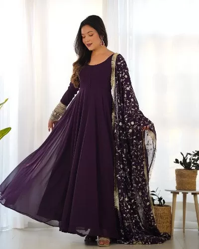 Burgandy Georgette Anarkali Kurti Dupatta Set