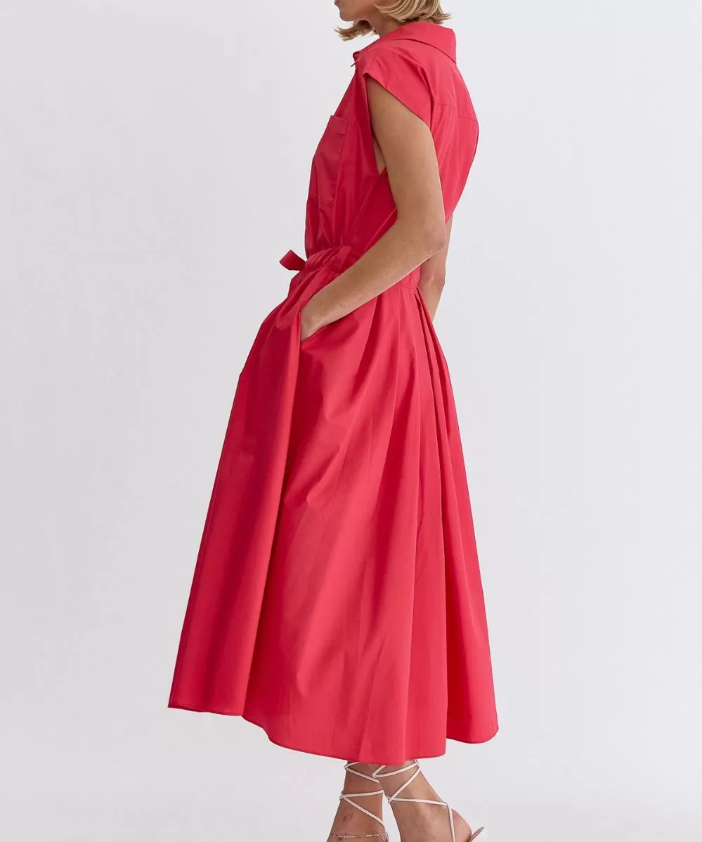 Button Down Cap Sleeve Midi Dress - Red