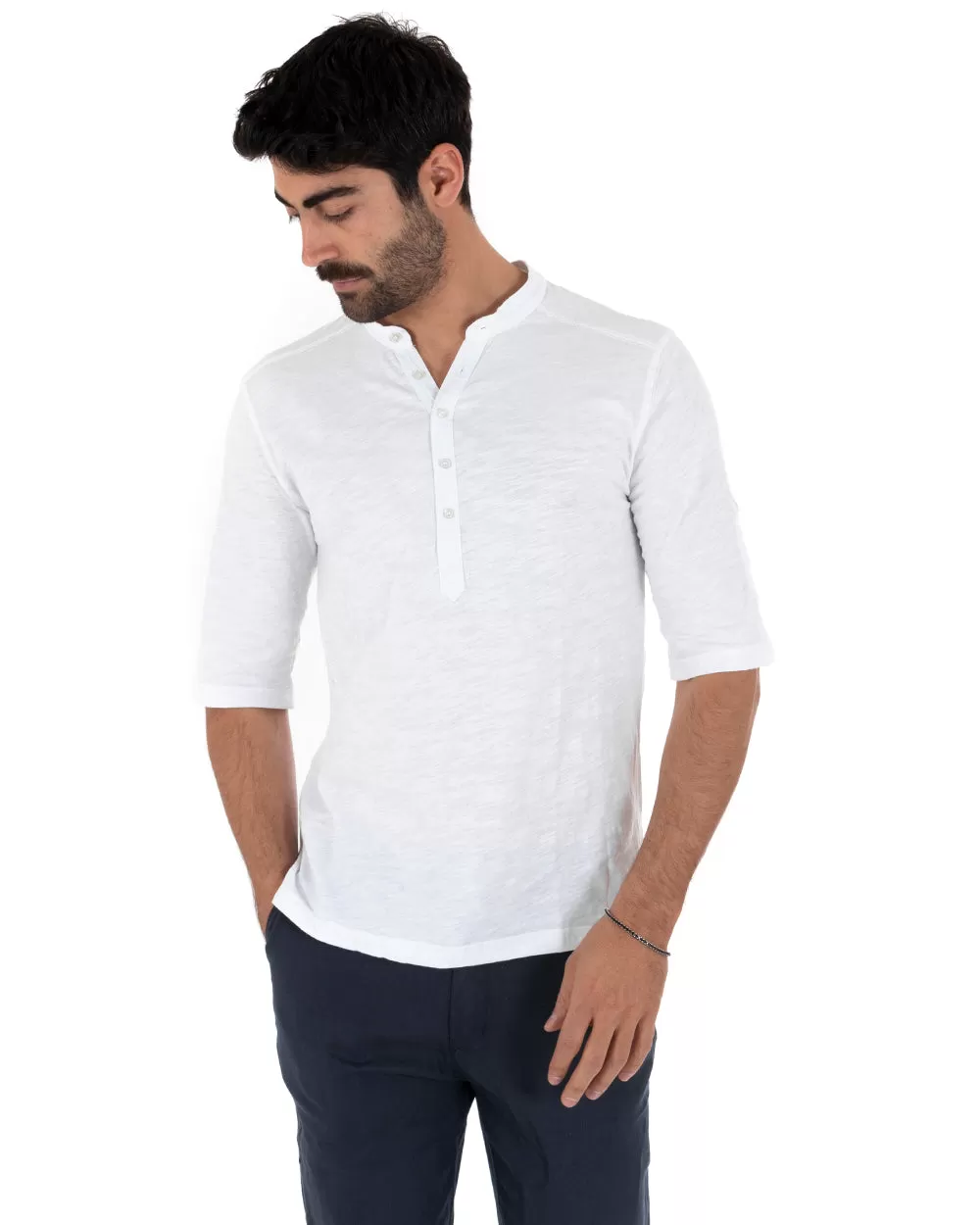 Camicia Uomo Casacca Morbida Serafino Bottoni Manica 3/4 Cotone Tinta Unita Bianco GIOSAL-C2339A