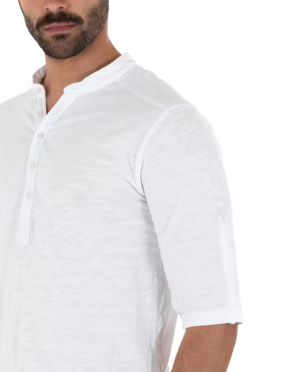 Camicia Uomo Casacca Morbida Serafino Bottoni Manica 3/4 Cotone Tinta Unita Bianco GIOSAL-C2339A