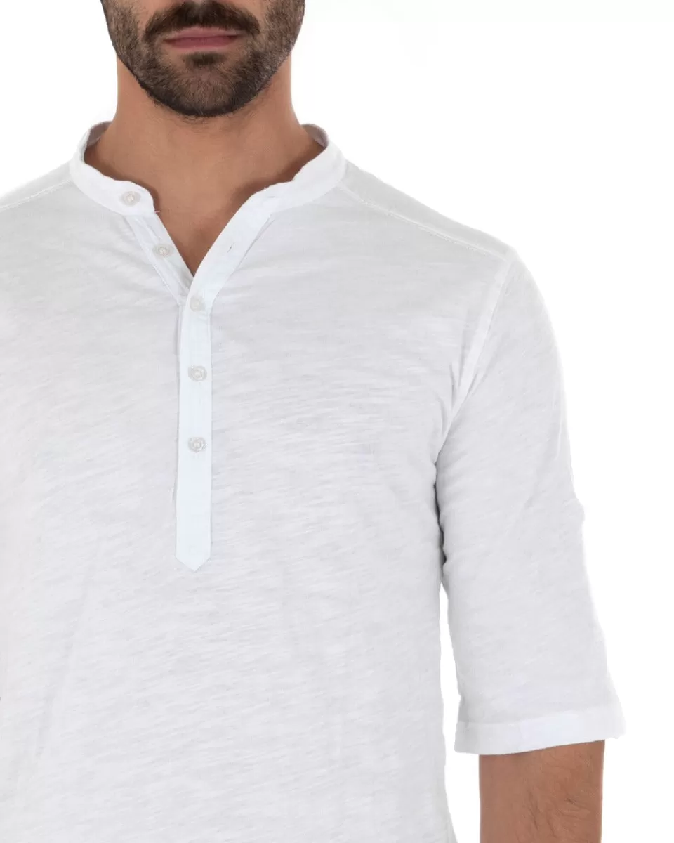 Camicia Uomo Casacca Morbida Serafino Bottoni Manica 3/4 Cotone Tinta Unita Bianco GIOSAL-C2339A