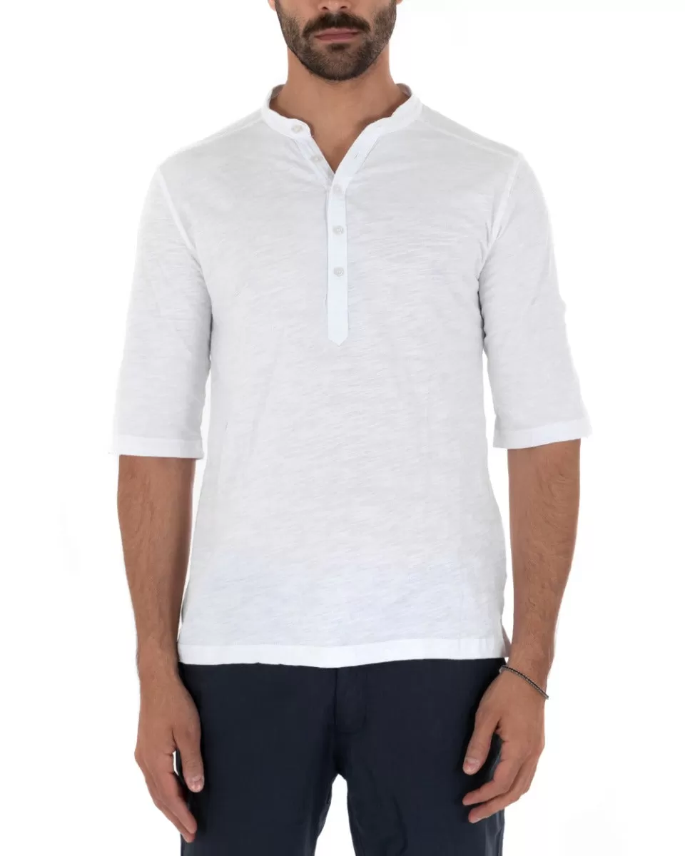 Camicia Uomo Casacca Morbida Serafino Bottoni Manica 3/4 Cotone Tinta Unita Bianco GIOSAL-C2339A