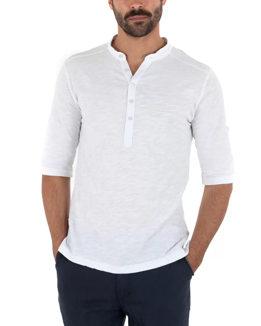 Camicia Uomo Casacca Morbida Serafino Bottoni Manica 3/4 Cotone Tinta Unita Bianco GIOSAL-C2339A