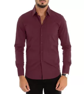 Camicia Uomo Con Colletto Manica Lunga Slim Fit Basic Casual Cotone Bordeaux GIOSAL-C1814A