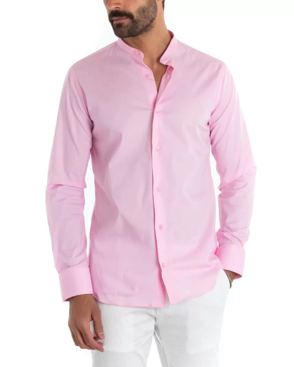 Camicia Uomo Sartoriale Collo Coreano Manica Lunga Basic Cotone Morbido Rosa Regular Fit GIOSAL-C2371A