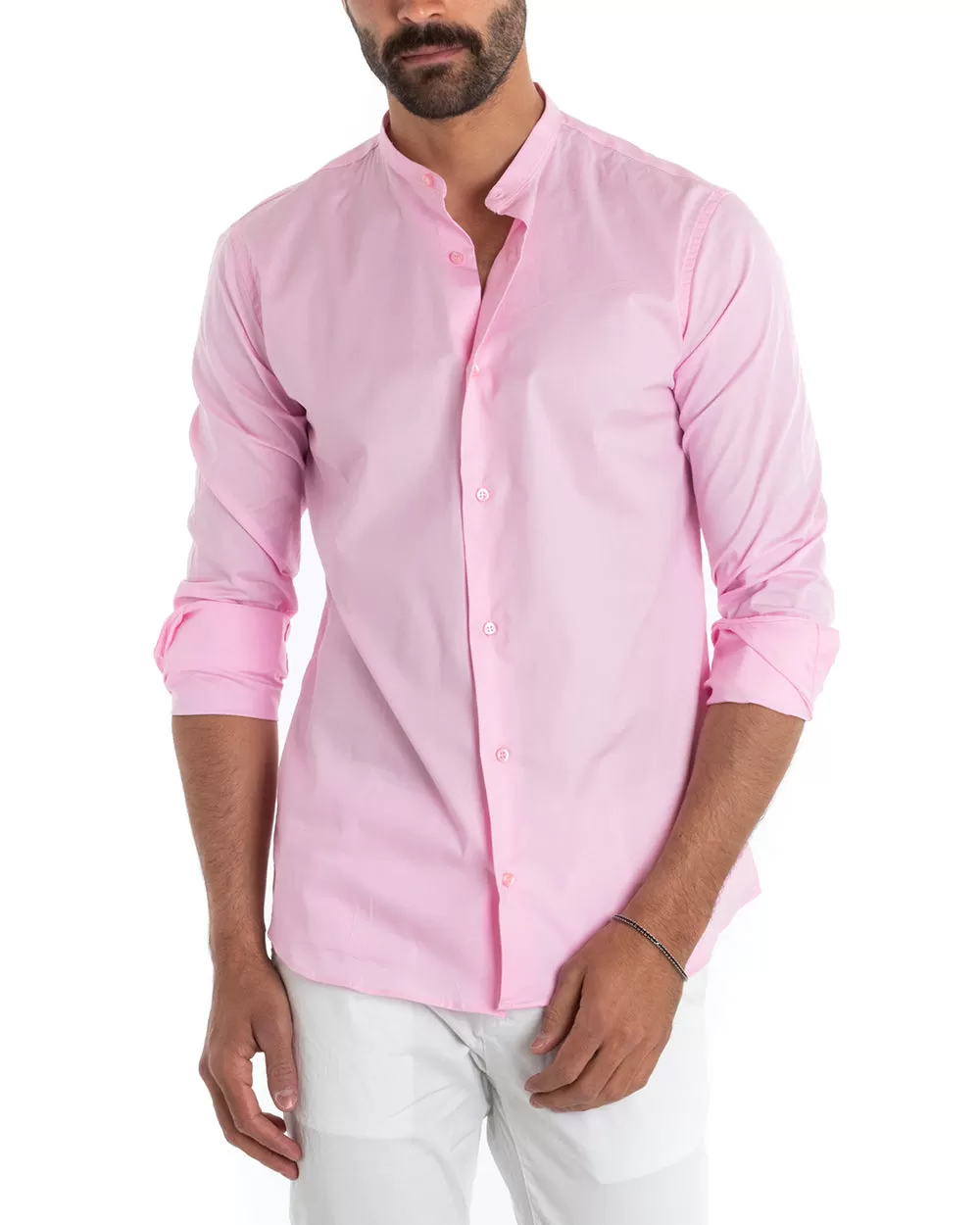 Camicia Uomo Sartoriale Collo Coreano Manica Lunga Basic Cotone Morbido Rosa Regular Fit GIOSAL-C2371A