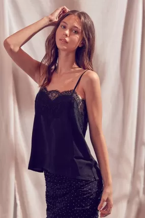 Camille Satin Lace Cami - Black