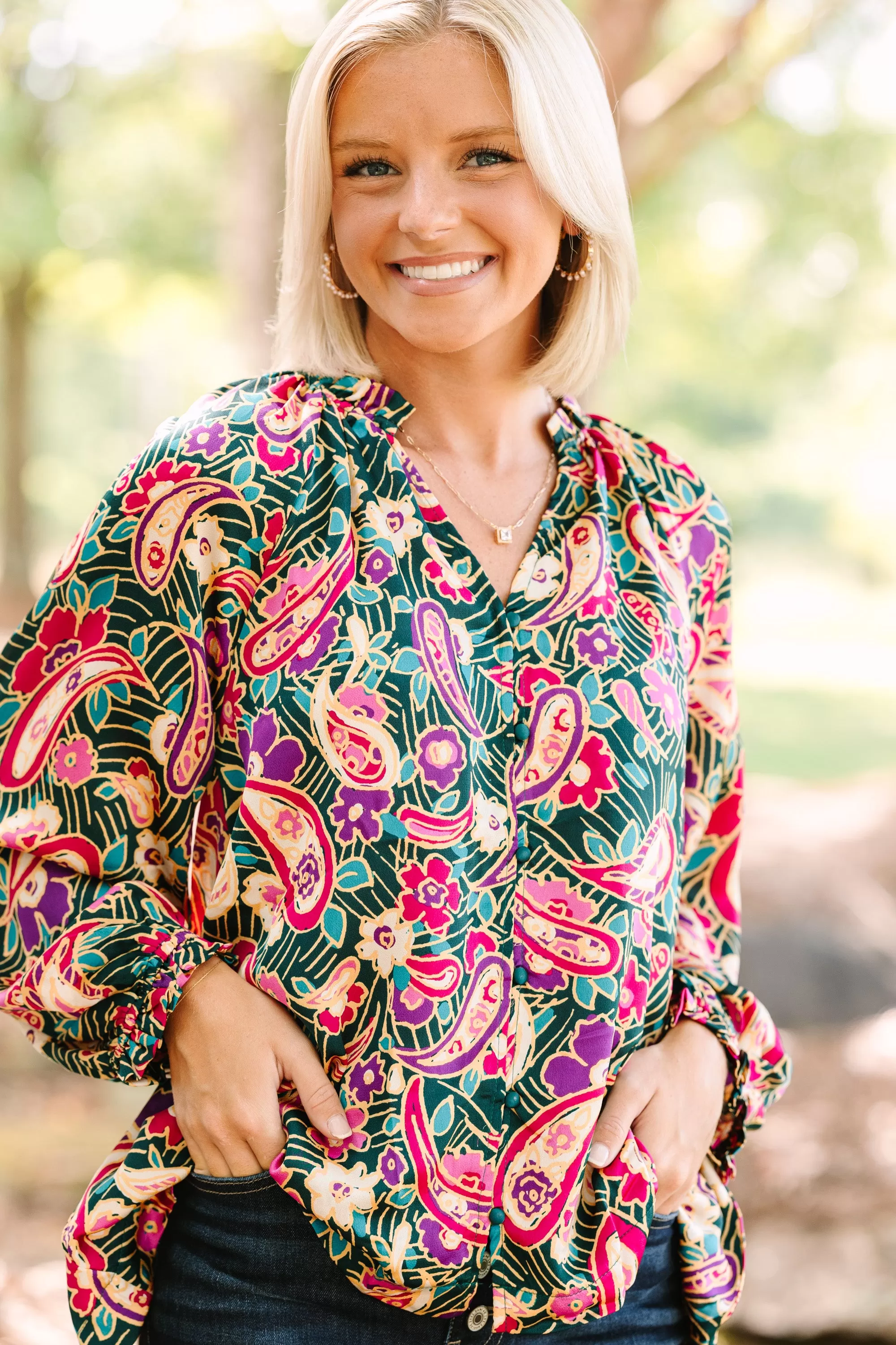 Change Your Mind Teal Blue Paisley Button Down Blouse