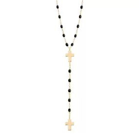 Cross Charm Classic Gigi Black rosary, Yellow Gold, 16.5"