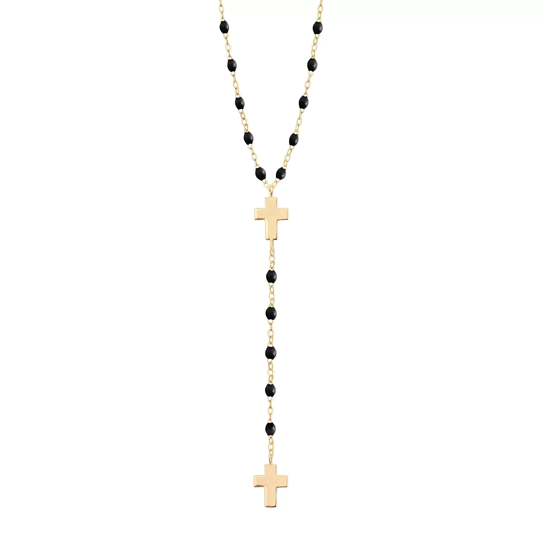 Cross Charm Classic Gigi Black rosary, Yellow Gold, 16.5"