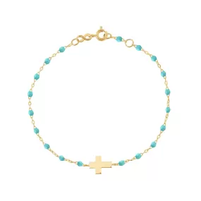 Cross Charm Classic Gigi Turquoise Green bracelet, Yellow Gold, 6.7"