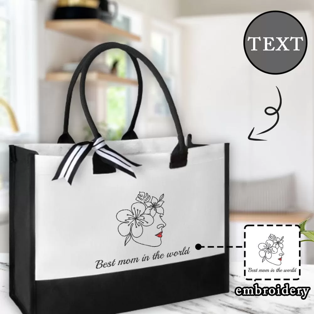 Custom Text Best Mom in the World Canvas Shoulder Tote Bag Embroidery Personalized Environmental Protection Handbag Mom Tote Bag Mommy Bag Mom Gift