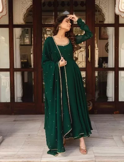 Dark Green Georgette Anarkali Gown With Dupatta 2Pc