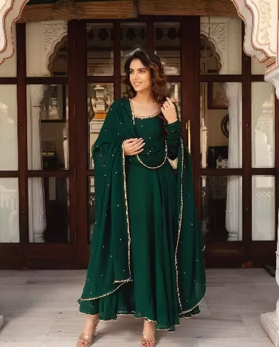 Dark Green Georgette Anarkali Gown With Dupatta 2Pc