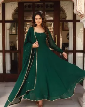 Dark Green Georgette Anarkali Gown With Dupatta 2Pc