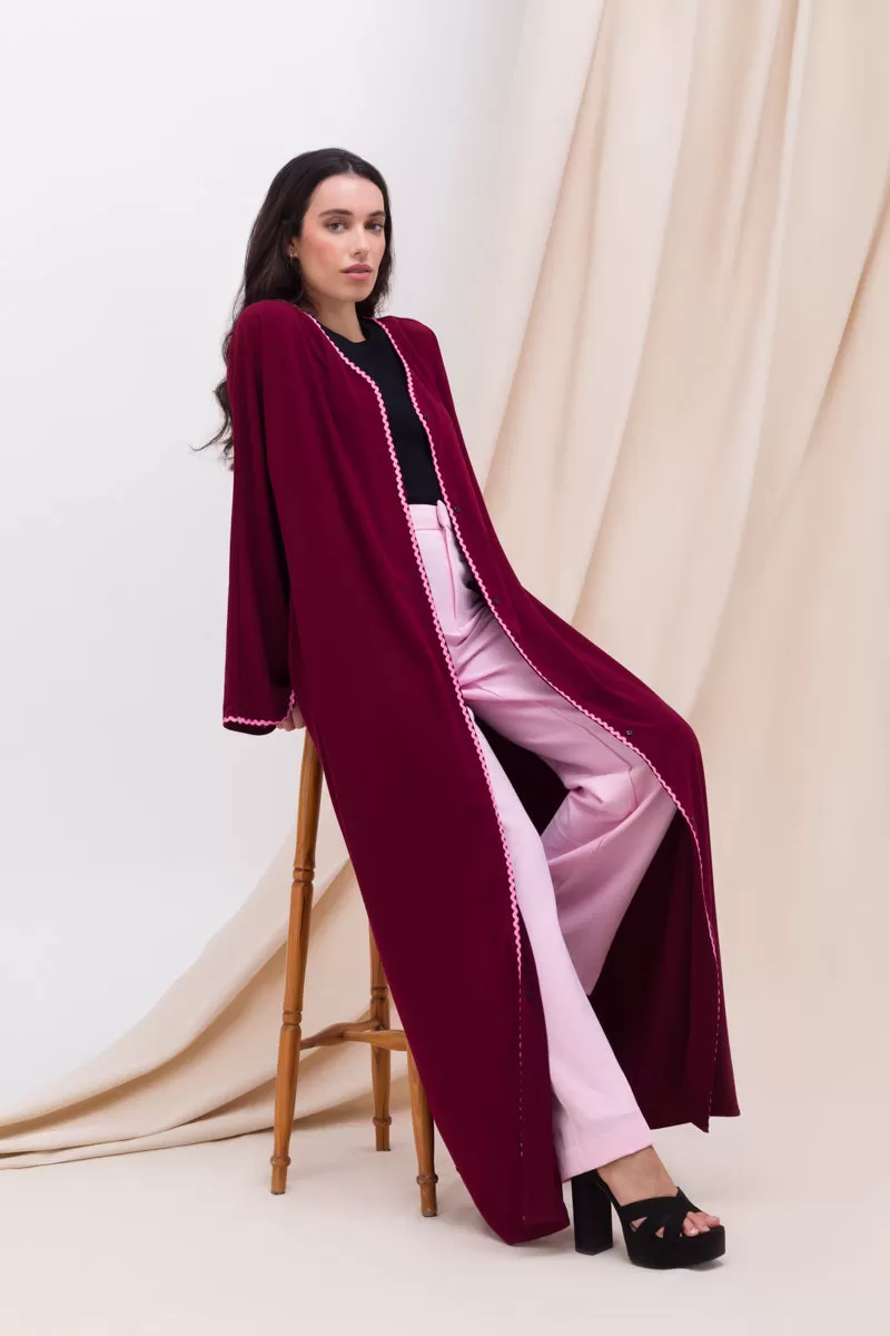 Dark Red Open Abaya with Belt