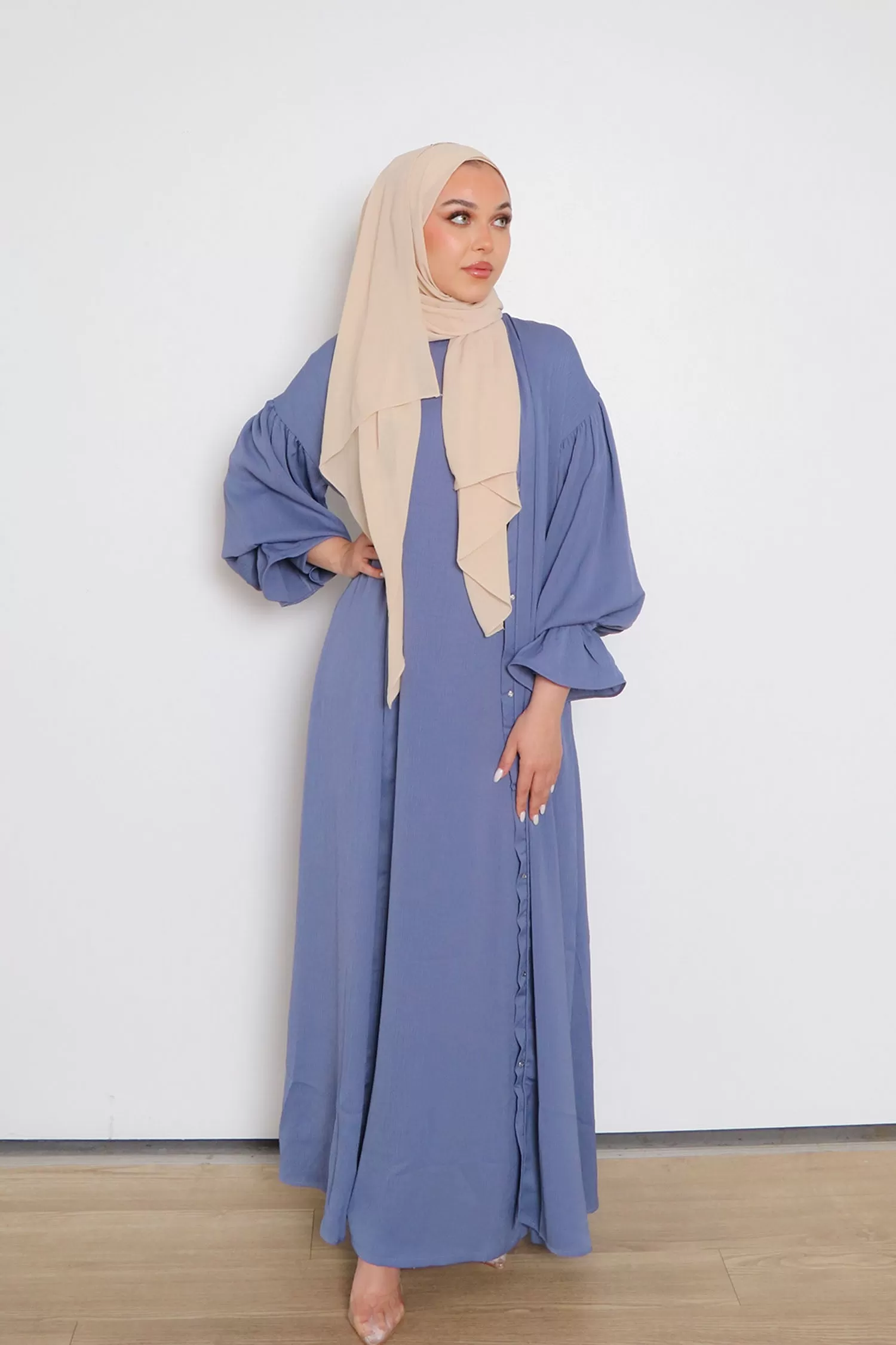 Darya Textured Balloon Sleeve Abaya- Dusty Blue