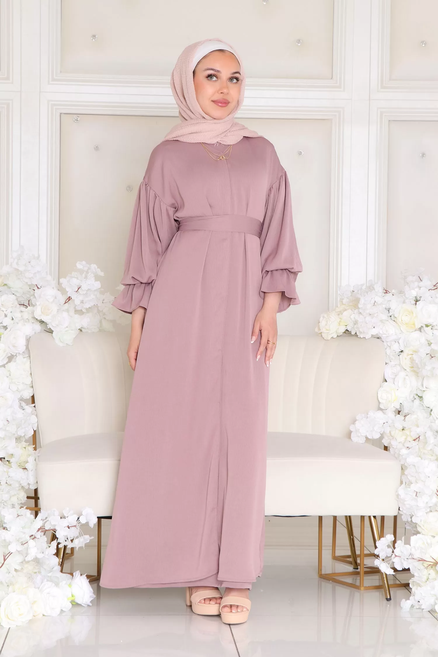 Darya Textured Balloon Sleeve Abaya- Dusty Rose Pink