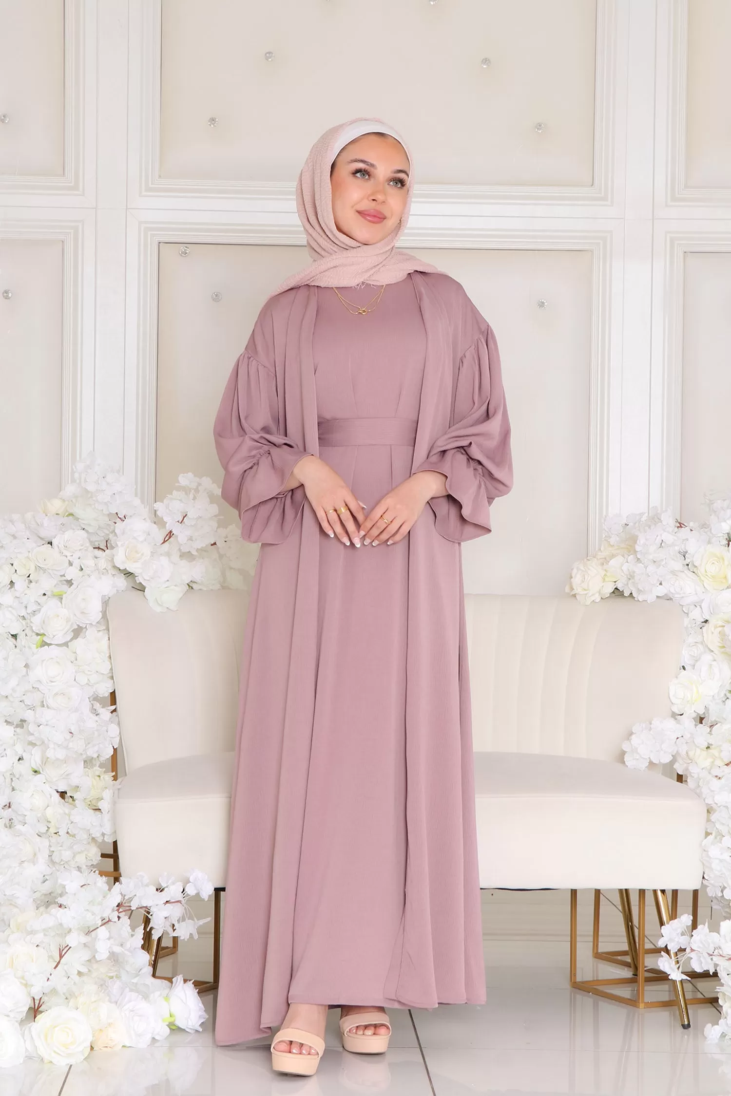 Darya Textured Balloon Sleeve Abaya- Dusty Rose Pink