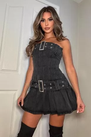 Denim Belted Pleats Mini Dress