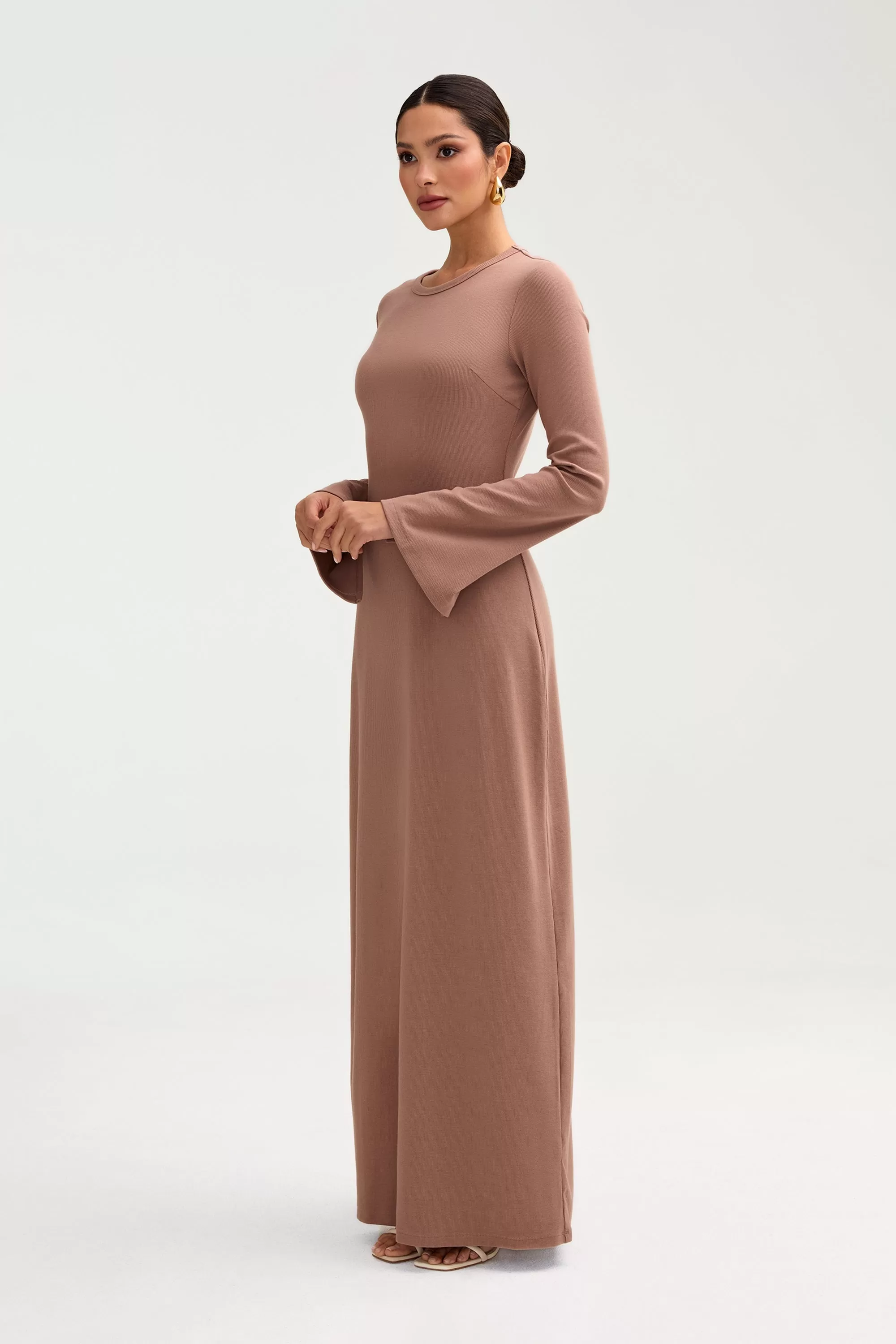 Ella Ribbed Split Cuff Maxi Dress - Brownie