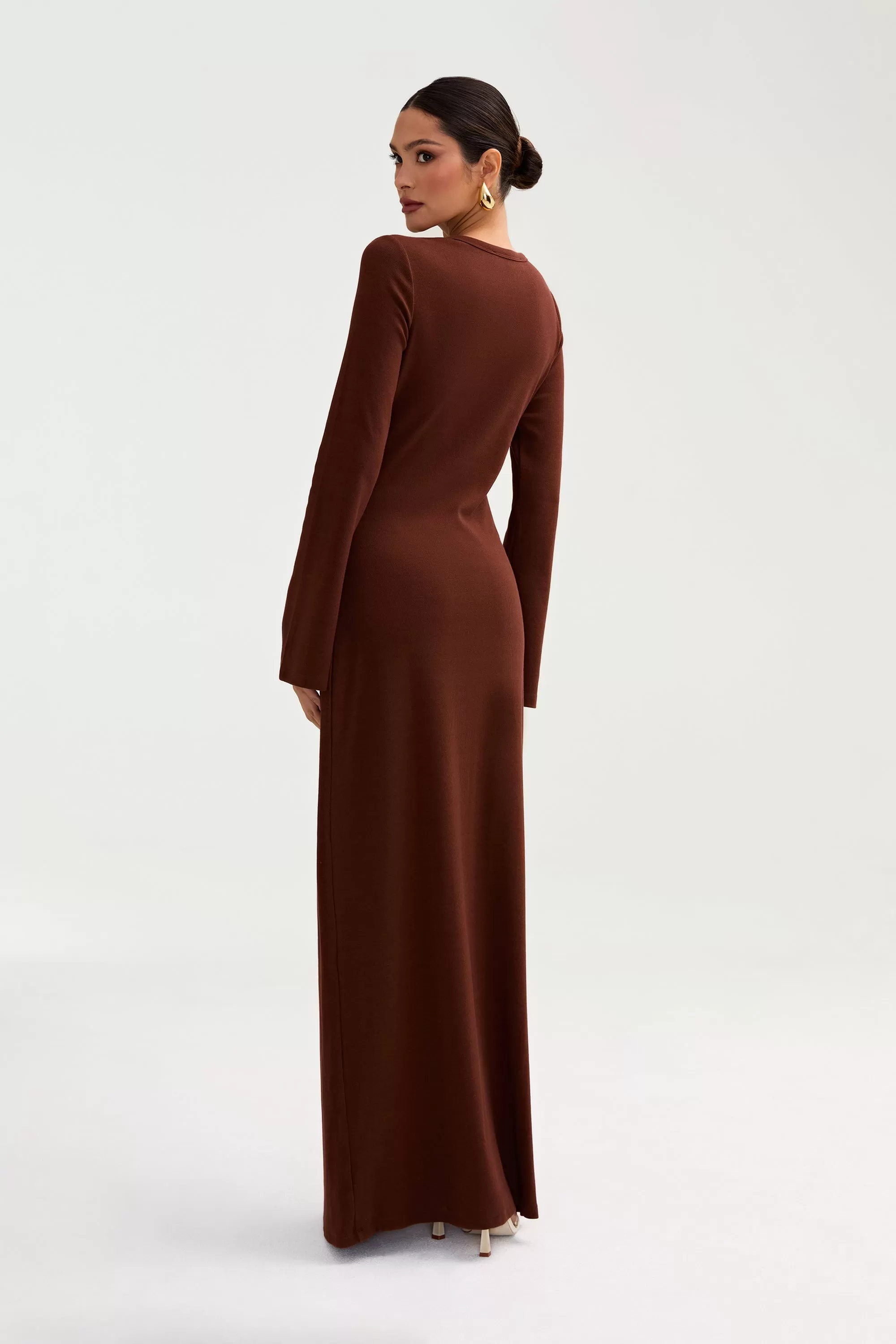 Ella Ribbed Split Cuff Maxi Dress - Chocolate