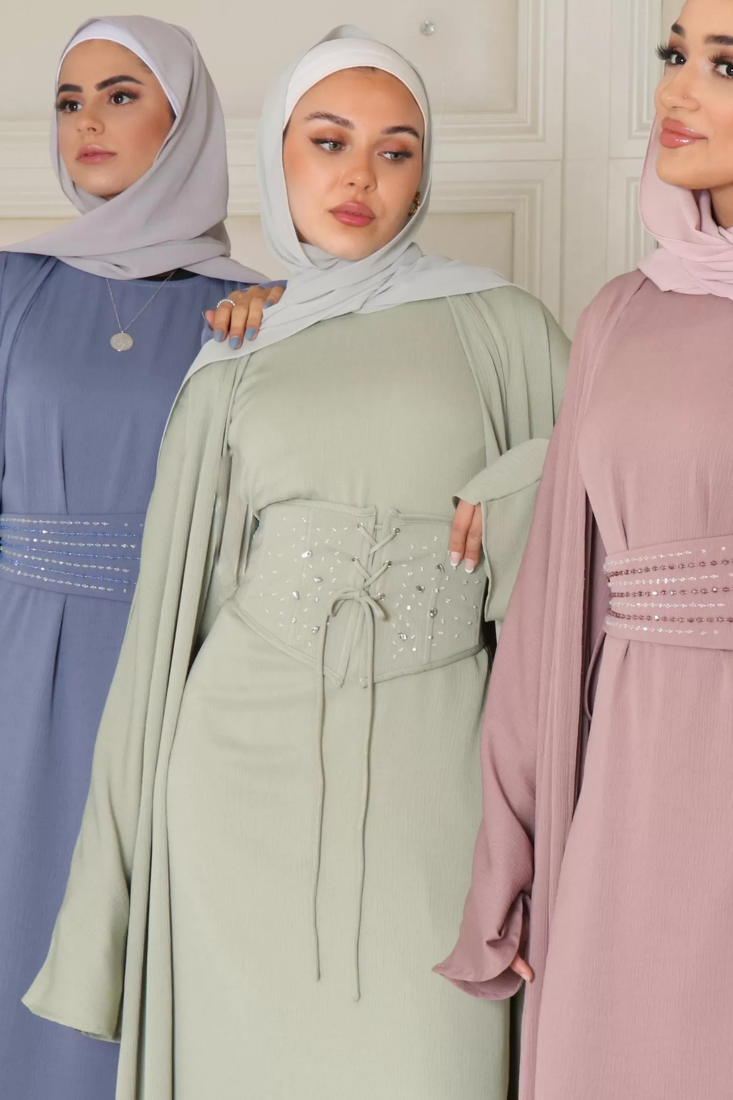 Elmas Textured Corset Abaya Set- Light Sage Green