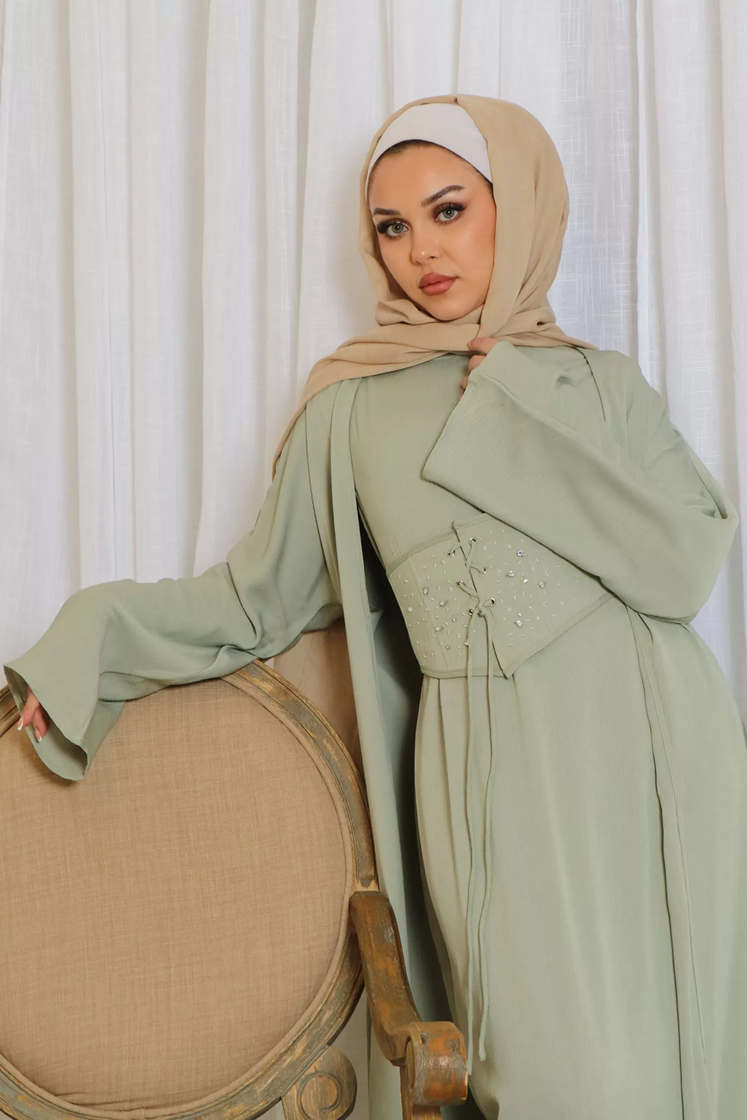 Elmas Textured Corset Abaya Set- Light Sage Green