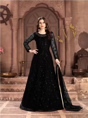 Embroidered Net Abaya Style Suit in Black