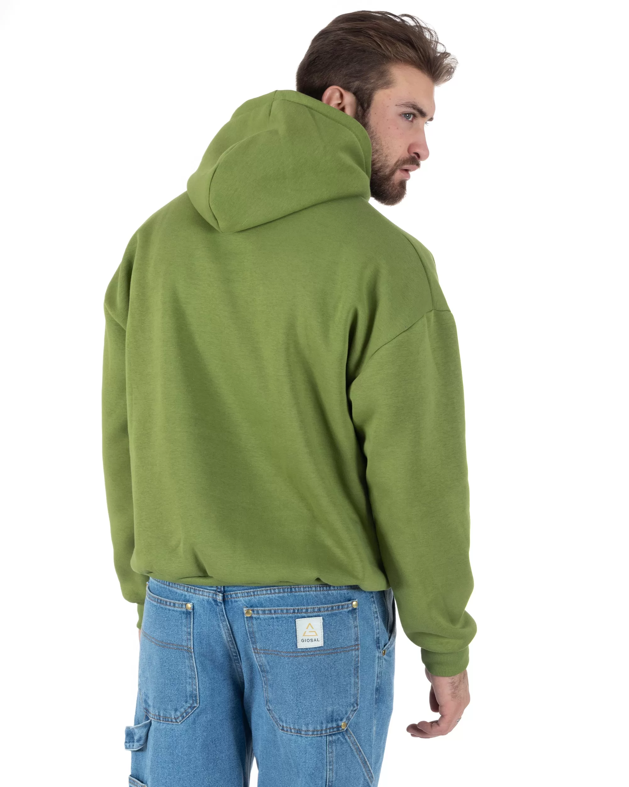 Felpa Con Cappuccio Uomo Boxy Fit Basic Felpata Comoda Tinta Unita Verde Olio GIOSAL-F2998A