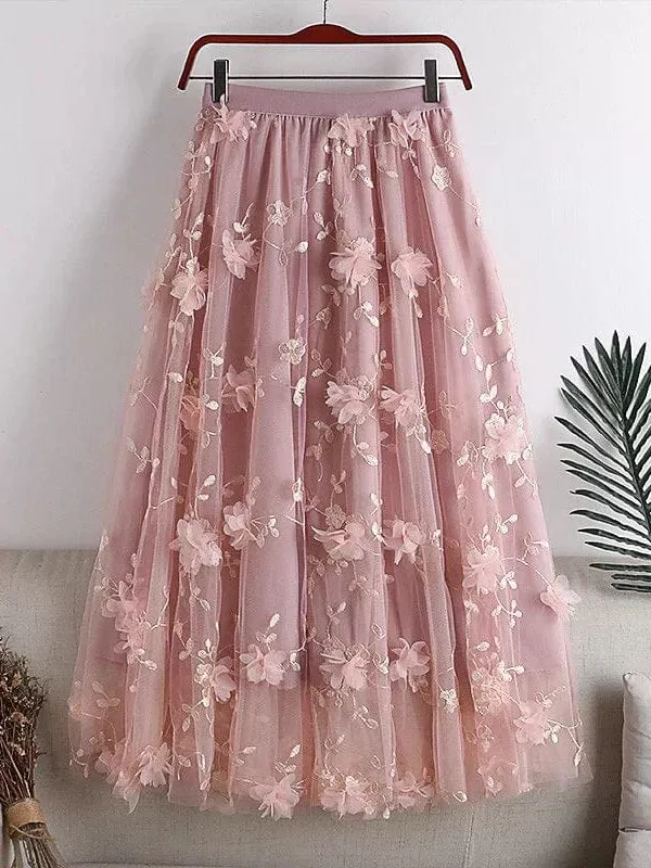 Floral Embroidered Maxi Skirt for Women - One-Size Elegant and Versatile Midi Skirt