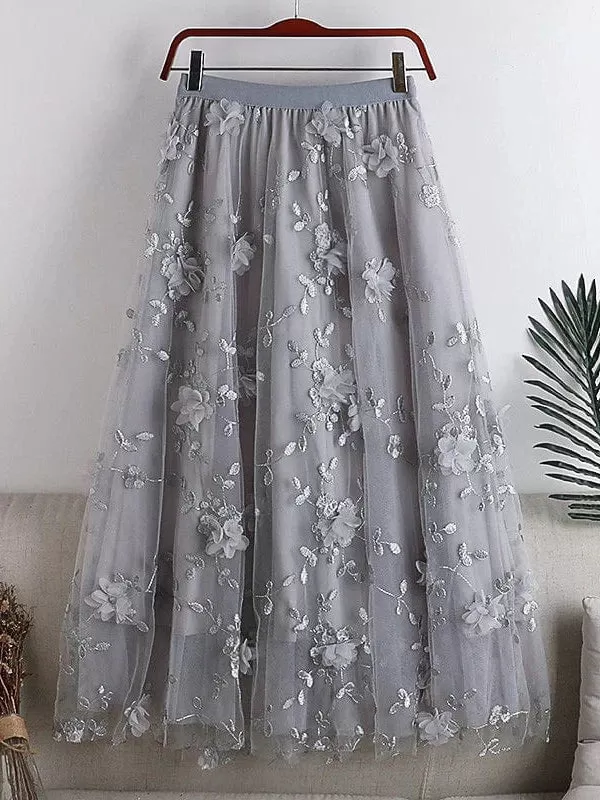 Floral Embroidered Maxi Skirt for Women - One-Size Elegant and Versatile Midi Skirt