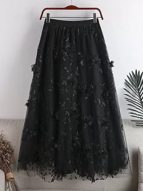 Floral Embroidered Maxi Skirt for Women - One-Size Elegant and Versatile Midi Skirt