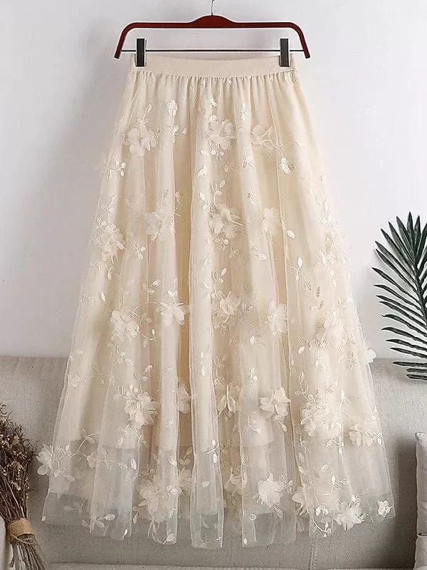 Floral Embroidered Maxi Skirt for Women - One-Size Elegant and Versatile Midi Skirt