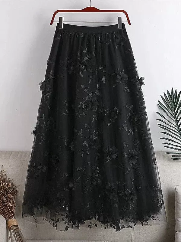 Floral Embroidered Maxi Skirt for Women - One-Size Elegant and Versatile Midi Skirt