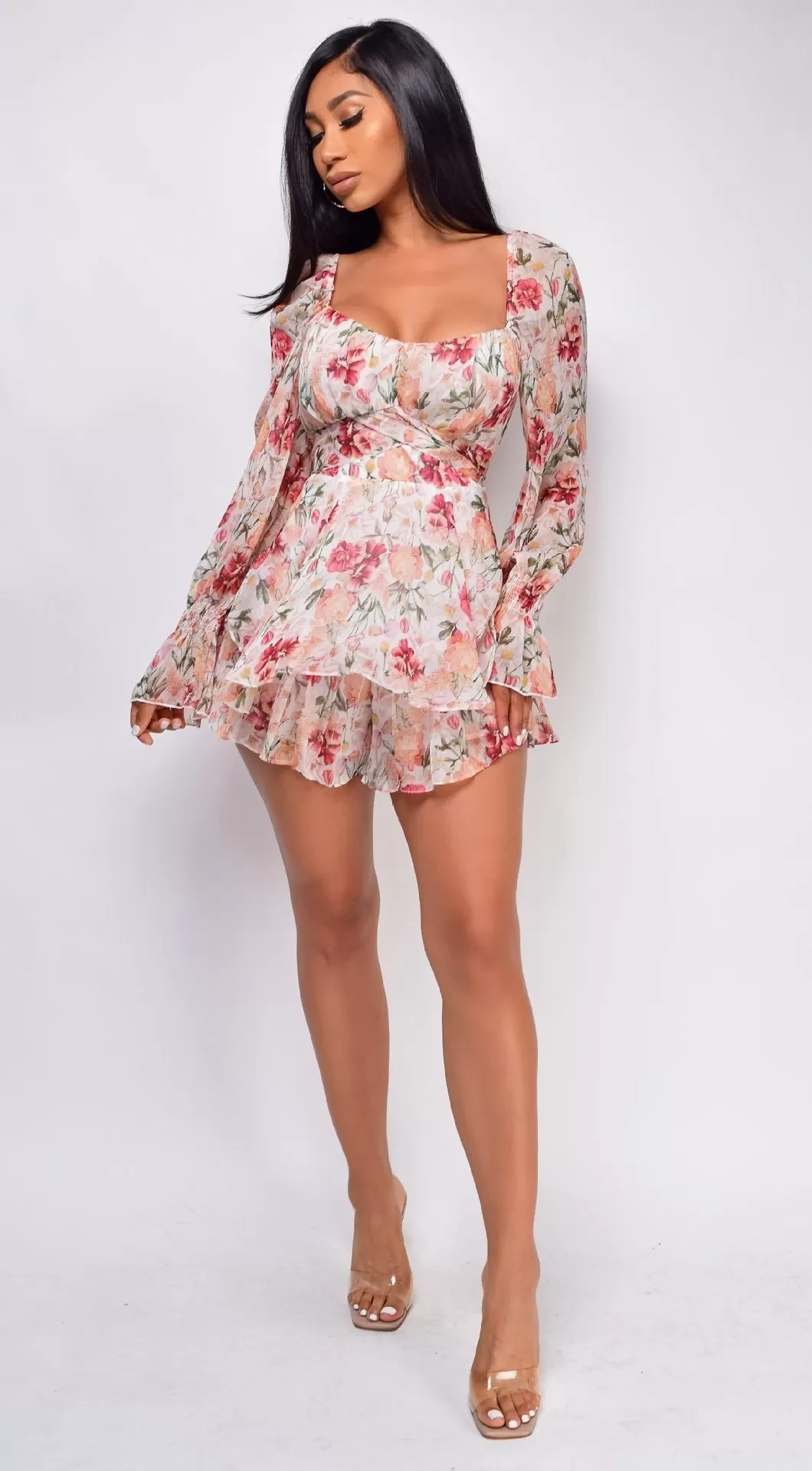 Floral Print Poet Sleeve Open Back Romper (4 colors)