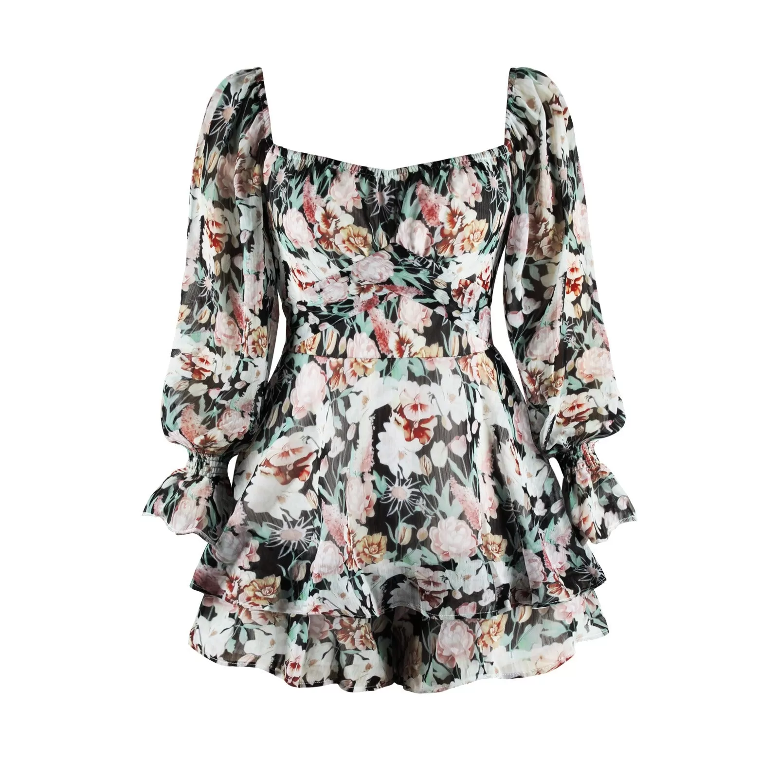 Floral Print Poet Sleeve Open Back Romper (4 colors)