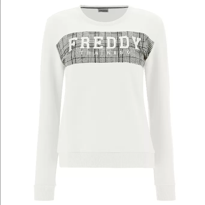 Freddy Women's sweatshirt with Prince of Wales insert and glitter print F1WTRS7 W69 white