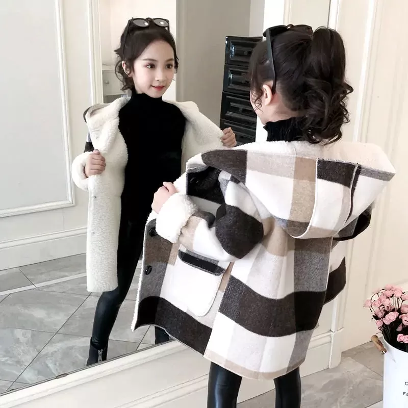 Girl's Plaid Thick Lamb Woolen Coat