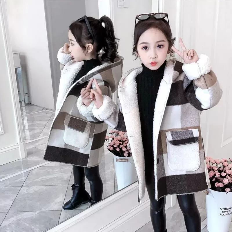 Girl's Plaid Thick Lamb Woolen Coat