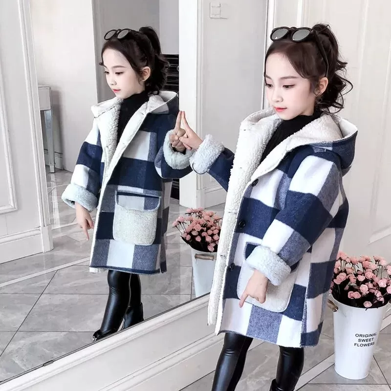 Girl's Plaid Thick Lamb Woolen Coat