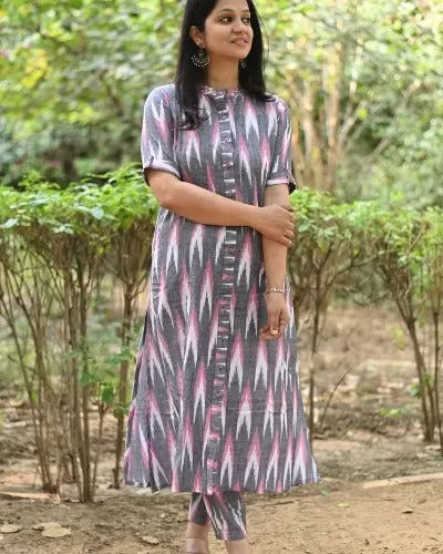 Grey Ikat Print South Cotton Kurti Pant Set