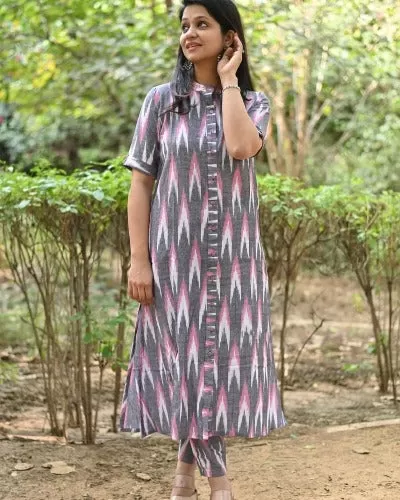 Grey Ikat Print South Cotton Kurti Pant Set