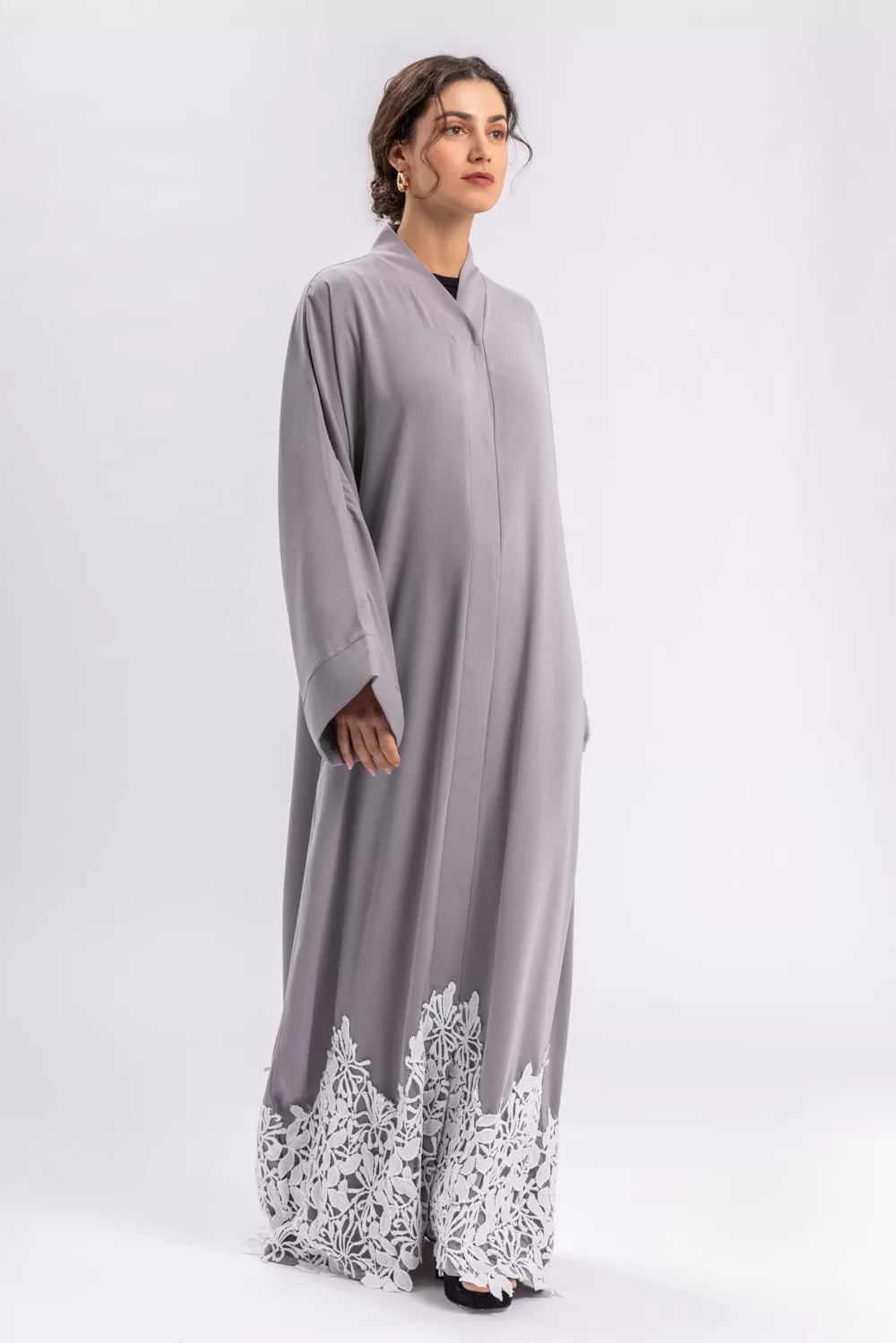 Grey Lace Open Abaya